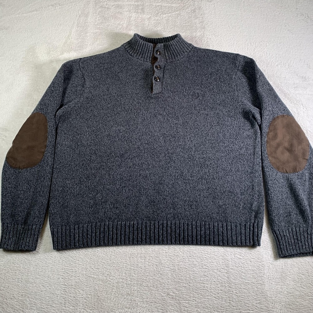 Chaps Sweater Mens Large Gray Henley Mock Neck Elbow‎ Patch Cotton Knit Pullover